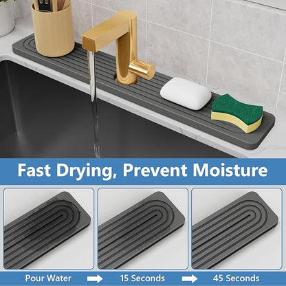 24'' Longer Stone Faucet Mat for Kitchen Sink [Super Absorbent, 30s Quick Drying] Water Absorbing Stone Tray for Sink Stone Mat for Kitchen Sink Stone Quick Dry Around Faucet Diatomite Stone Sink Tray