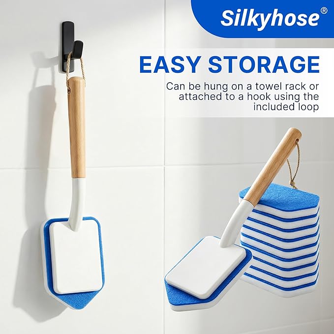 Tub Tile Scrubber Brush – 2 Pack with Wooden Handle, Includes 10 Melamine Sponge Eraser Heads | Non-Scratch Cleaner for Bathtub, Shower Wall, Grout, Kitchen Sink