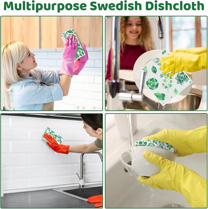 Needbrock 6 Pack Swedish Dishcloths for Kitchen, Swedish Rags Absorbent Green Leaf Dish Cloths with Adhesive Clips, Reusable Paper Towels No Odor for Countertop Dishes Cleaning