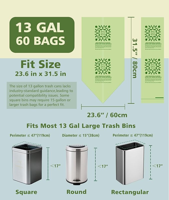 Compost bags 13 gallon 60 Packs, Large Compostable Trash Bags，AYOTEE Biodegradable Trash Bag 13 gallon,Thicked Tall kitchen Garbage Bag Unscented