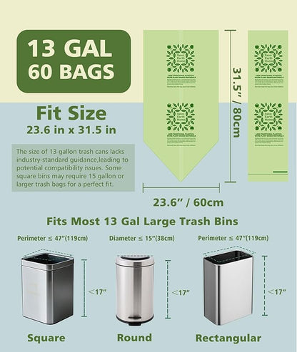 Compost bags 13 gallon 60 Packs, Large Compostable Trash Bags，AYOTEE Biodegradable Trash Bag 13 gallon,Thicked Tall kitchen Garbage Bag Unscented