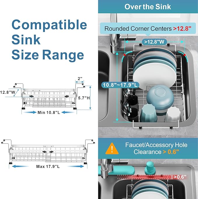 GSlife Expandable Over the Sink Dish Drying Rack with Silicone Sink Protector - Stainless Steel Dish Drainer with Locking Knob, Adjustable Dryer Strainer for Kitchen, 12.8" W x 10.8"-17.9" L, Silver