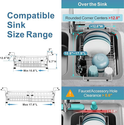 GSlife Expandable Over the Sink Dish Drying Rack with Silicone Sink Protector - Stainless Steel Dish Drainer with Locking Knob, Adjustable Dryer Strainer for Kitchen, 12.8" W x 10.8"-17.9" L, Silver