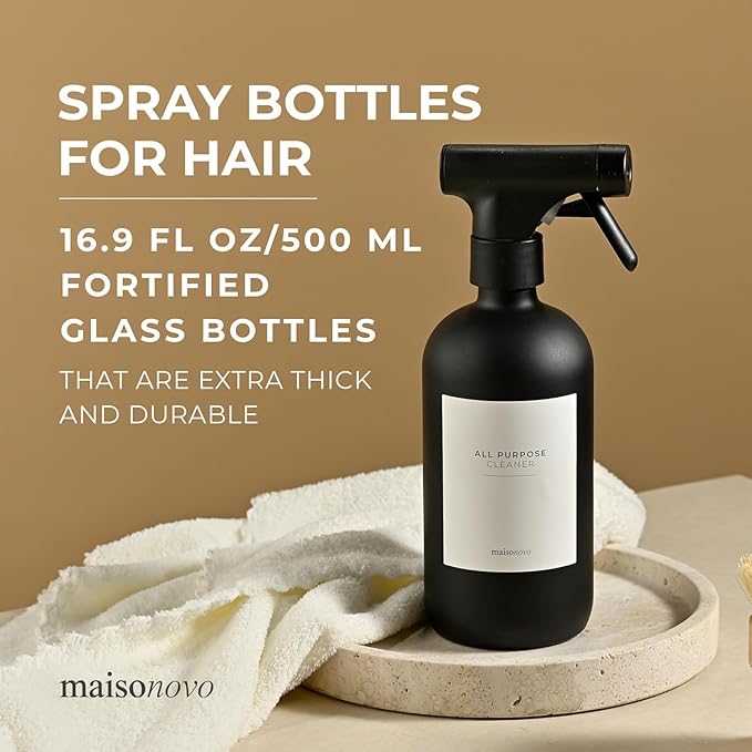 MAISONOVO Glass Spray Bottles 16 Oz Pack of 2 - Durable Black Spray Bottle with Fortified Glass & Fine Mist Pumps - Ideal for Salons, Barbers, Stylists, Pet Groomers & Daily Hair Care - 16 Labels