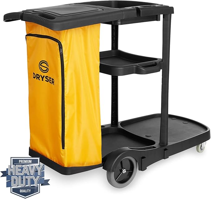 Durable Commercial Janitorial Cleaning Cart Caddy with Wheels Cover - 3 Shelves, Vinyl Bag, Black for Housekeeping Office, Stores, Schools