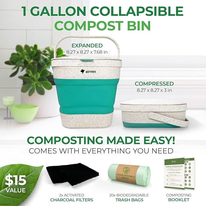 AIRNEX Collapsible Small Compost Bin with Lid - 1 Gallon Compost Bucket Food Waste Caddy Made of Wheat Straw - Odorless Counter Top Compost Bin for Kitchen with 20 Compost Bags and 2 Carbon Filters