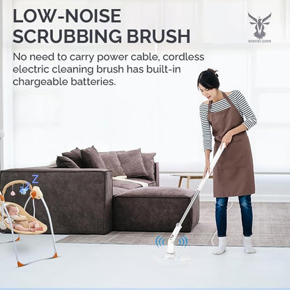 Electric Spin Scrubber - Cordless Cleaning Head with 6 Replaceable Brushes - 90° Rotatable - Ideal for Floor, Window, Cars - Ivory White