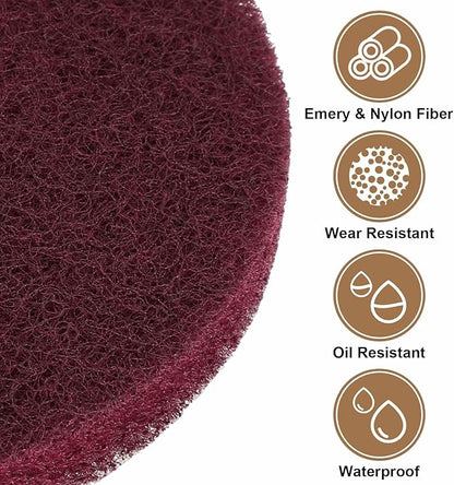 HARFINGTON 6pcs Scrubber Scouring Pads 400 Grits 3 Inch Drill Power Brush Hoop and Loop Surface Conditioning Disc Drill Scuffing Disc Scrub Pads for Home Kitchen Cleaning, Red