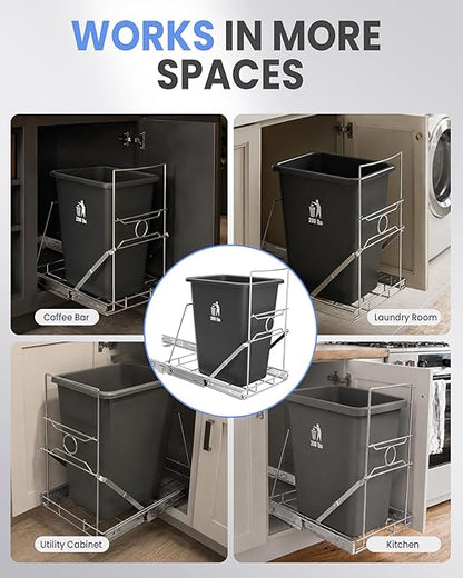 Stainless Steel Slide-Out Trash Bin Rack, Enhanced Heavy-Duty Cabinet Pull-Out System for 7–11 Gallon Cans, Silver (Bin Not Included)