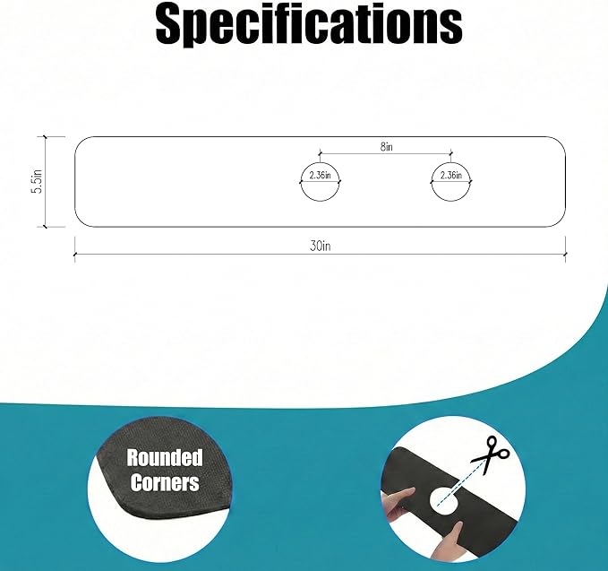 Faucet Mat for Kitchen Sink 2 Holes: 30"Lx5.5"W Absorbent Splash Guard Fits 8" On-Center Faucet with Soap Dispenser or Air Gap - Cuttable Drip Catcher for Irregular & 3, 4 Hole Sinks with Side Sprayer