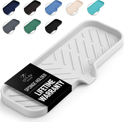 Zulay Kitchen Large Silicone Sponge Holder (12x4) – Flexible Sink Organizer Tray for Kitchen & Bathroom – Multipurpose Soap Dish for Sponges, Makeup, Trinkets & More (White)