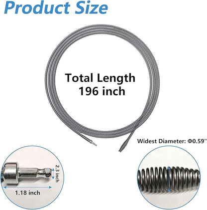Drain Snake, Spring Drain Clog Remover with Electric Drill Connector, Durable Metal Drain Hari Cleaner Tool for Shower Kitchen Sink Bathroom Toilet Clogged Unclogger,1 Pcs 196.8 Inch 16.4 FT