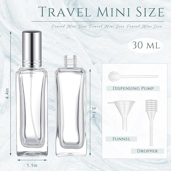 Domensi 3 Pcs 30 ml Glass Perfume Bottles Refillable Cologne Atomizer Empty With Dispenser Tools, Pocket Spray Bottle for Travel and Sample Container (Silver)