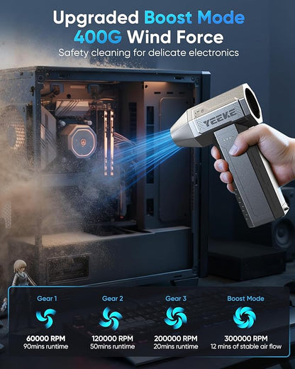 Compressed Air Duster, 300000 RPM & 400 G Wind Pressure, 10000 mAh Battery with Fast Charging, 4-Gear Electric Air Duster Rechargeable, Electric Duster Mini Blower with LED for Office Cleaning