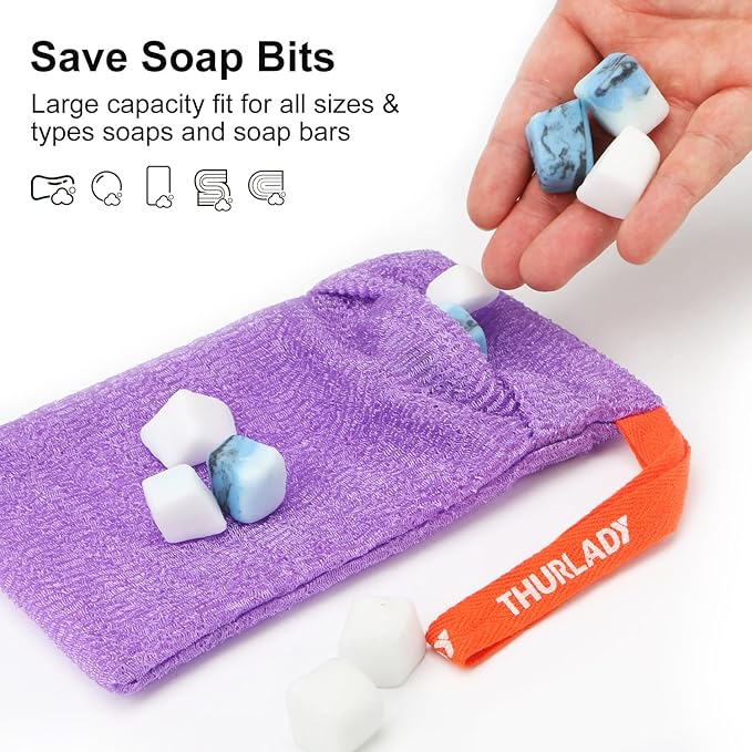2 Pack Soap Saver Bags for Soap Bars, Exfoliating Bar Soap Scrubber Pouch for Shower, Exfoliating Body Scrubber, Come with 1 African Net Sponge for Full-Body Gentle Cleansing, Purple & Pink