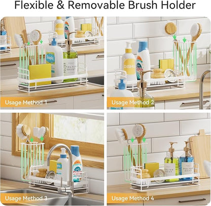 Yofidra Sink Caddy with Stone Drying Tray: Stainless Steel Soap Dispenser Kitchen Sink Organizer Set, Sponge Holder Counter Accessories Decor for Kitchen Organizers and Storage 8.1x3.5x4.5 in White