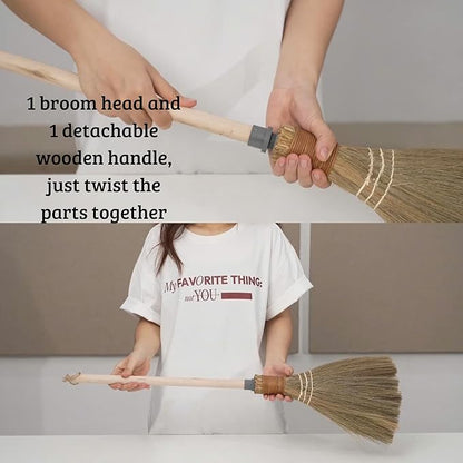 BMart Home Natural Whisk Sweeping Hand Handle Broom - Vietnamese Straw Soft Broom for Cleaning Dustpan Indoor - Outdoor - Decorative Brooms - Wooden Handle - 9.84'' Width, 29.75" Length