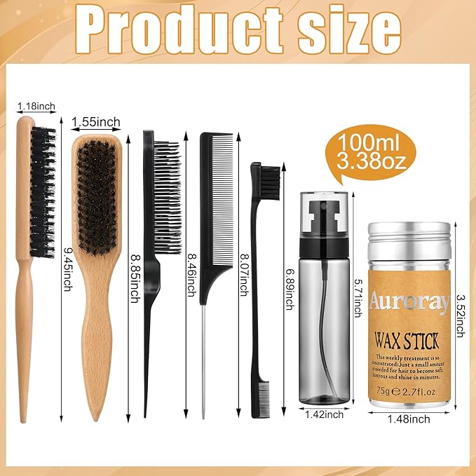 Boar Bristle Hair Brush, Slick Back Hair Brush, Hair Wax Stick and Spray Bottle for Women Men Sectioning Smoothing Parting Flyaways Hairs
