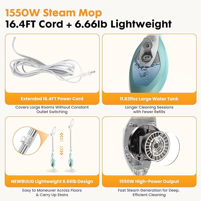 14-in-1 Steam Mop, 1550W Detachable Handheld Steam Cleaner for Floor Cleaning, 16.4 FT Cord, 2 Washable Pads, Multi-Purpose Floor Steamer for Hardwood, Carpet, Tile, Grout