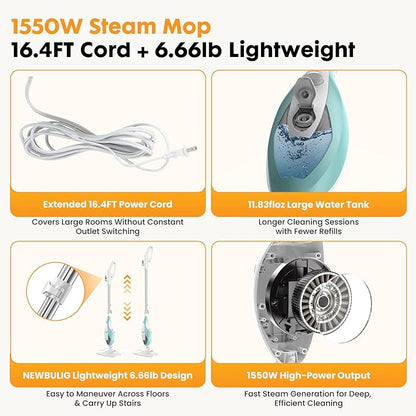 14-in-1 Steam Mop, 1550W Detachable Handheld Steam Cleaner for Floor Cleaning, 16.4 FT Cord, 2 Washable Pads, Multi-Purpose Floor Steamer for Hardwood, Carpet, Tile, Grout