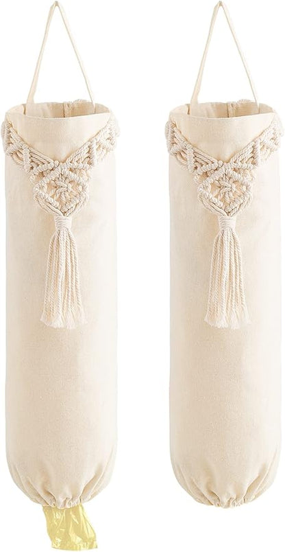 Mkono 2 Pack Macrame Plastic Bag Holder Grocery Bags Organizer Trash Bag Dispenser Camper Boho Decor Shopping Bag Storage for Kitchen Closet Pantry Laundry Room, Ivory, 9”W x 21”L