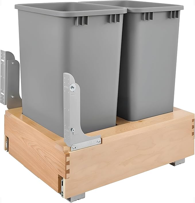 Rev-A-Shelf 50 Qt Bottom Mount Double Pullout Under Cabinet Trash Cans w/Soft-Close for Base Cabinets, Min Opening Width of 17.5", Metallic Silver, 4WCBM-2150DM-2