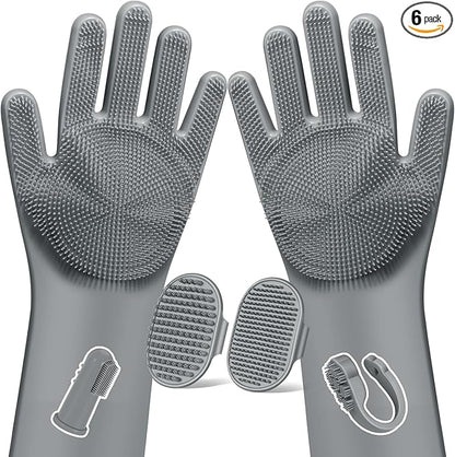 Augwind 6PCS Pet Grooming Kit for Dogs, Cats and Horses | Dog Washing Gloves | Cleanroom Gloves | Dog Bath Brush | Dog Bath Gloves | Dog Shampoo Brush | Dog Bath Supplies (Grey)