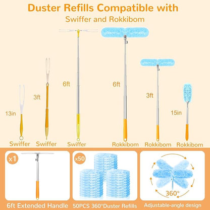 6 ft Heavy Duty Extendable Duster Handle with 50 Refills for Swiffer Duster, 360° Multi-Surface Dusters with 4X Cleaning Power for Home, Ceiling Fans, Windows, Dusting Hard-to-Reach Areas (Blue)