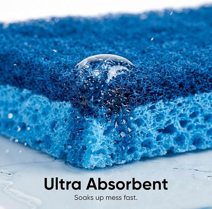 Non-Scratch Cellulose Sponge Kitchen Scrub Sponge with Scouring Pad Set, Good for Non-Stick Cookware Frying Pan, Pot, Counter Top, Sink Scrubbing, Kitchen Scrubbers, Pack of 2, (Blue)