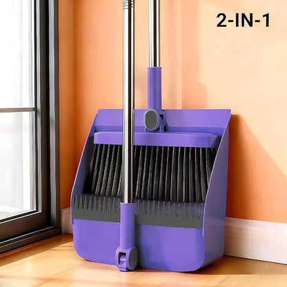 Broom and Dustpan Set, Long Handle Standing Broom with Self-Cleaning Comb Teeth, Heavy Duty Broom Dustpan Combo for Home Kitchen Office Floor Pet Hair Cleaning (Purple)