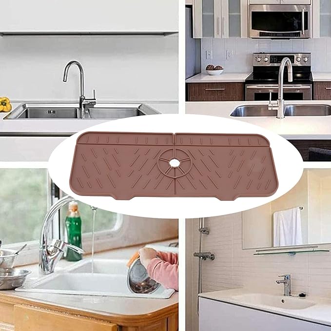 OUKENS Sponge Holder, Brown Silicone Washable Countertop Water Absorbent Faucet Mat for Kitchen Sink, Bathroom, RV, Reusable Splash Guard & Drip Catcher Tray
