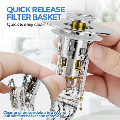 zaa Bathroom Sink Drain Strainer - (2 Pc) 3 in 1 Sink Stopper Bathroom Drain with Removable Filter Basket for Easy Clean, Pop Up Sink Drain Stopper for 1.1'' to 1.6'' Basin, Brass Core, 10000+ Tested
