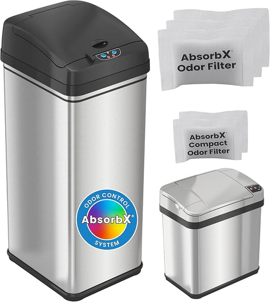 iTouchless 13 Gallon and 2.5 Gallon Automatic Touchless Sensor Kitchen Cans with Odor Control System, Stainless Steel, Includes 5 Filters (CDZT02CF03)
