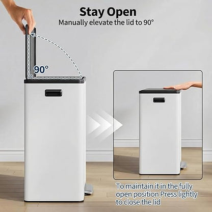 GarveeHome 60L/16 Gallon Dual Compartment Step Trash Can with Silent-Close Lid – Stainless Steel Recycling Bin for Kitchen, Office, Living Room – Odor Control & Pet-Proof Design