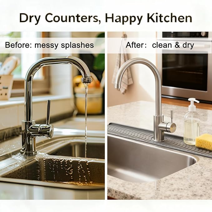 30 Inch Silicone Kitchen Sink Faucet Mat, Adjustable Waterproof Splash Guard Draining Mat Keep Countertops Dry (White)