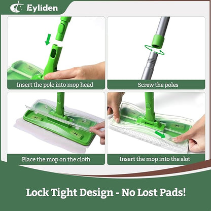 Eyliden Sweeper Mop with 36 Refills - 3 Types of Disposable Dry & Wet Cloths | Lock-Tight Design No Lost Pads, Universal Refills, Multi-Surface Sweeping Starter Kit for Pet Hair, Dust, Floor Cleaning