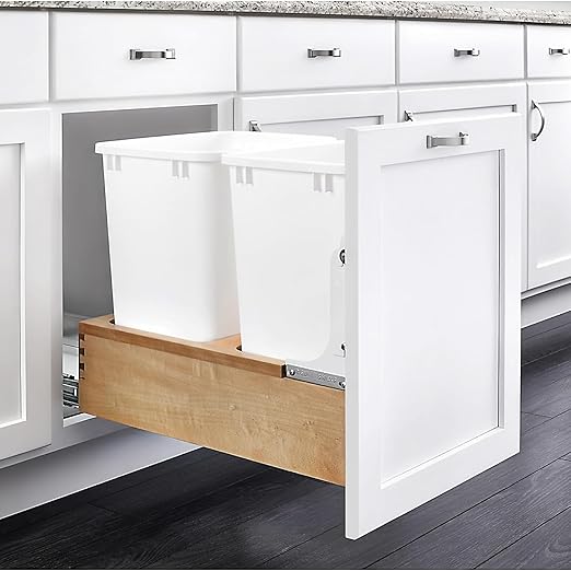 Rev-A-Shelf 35 Qt Bottom Mount Double Pullout Under Cabinet Kitchen Trash Cans for Base Cabinets, 150 Pound Rated Full-Extension Slides, Min Opening Width of 14.5", White, 4WC-18DM2