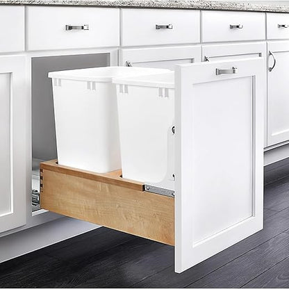 Rev-A-Shelf 35 Qt Bottom Mount Double Pullout Under Cabinet Kitchen Trash Cans for Base Cabinets, 150 Pound Rated Full-Extension Slides, Min Opening Width of 14.5", White, 4WC-18DM2
