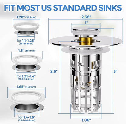 zaa Bathroom Sink Drain Strainer - (2 Pc) 3 in 1 Sink Stopper Bathroom Drain with Removable Filter Basket for Easy Clean, Pop Up Sink Drain Stopper for 1.1'' to 1.6'' Basin, Brass Core, 10000+ Tested