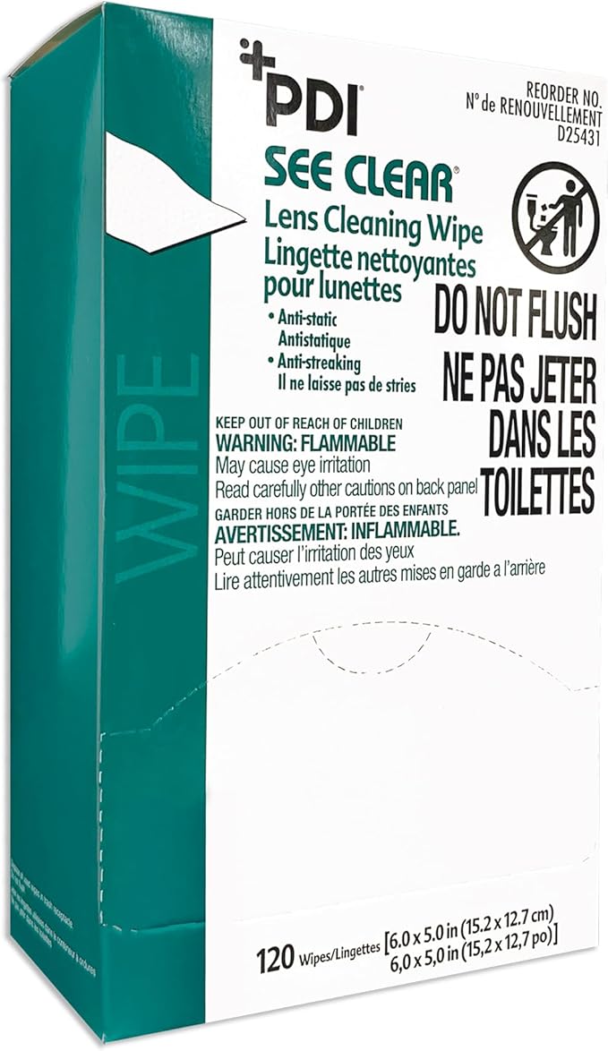 PDI See Clear Lens Cleaning Wipes, Non-Streaking & Anti-Static for Glasses, Eyeglasses, Loupes & Safety Eyewear, 1 Box of 120 Individually Wrapped Packets, Large 6" x 5"