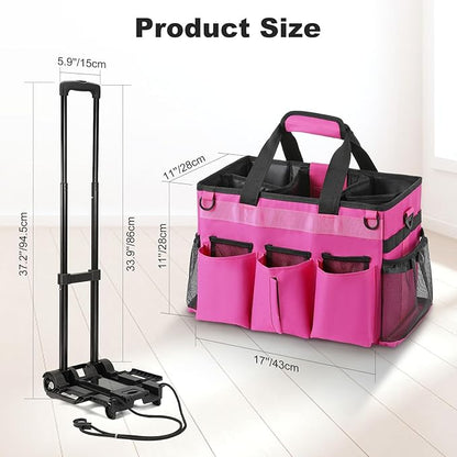 Housolution Rolling Cleaning Caddy Bag with Detachable Trolley, Professional Portable Large Cleaning Bag with Wheels, Wearable Cleaning Supply Bag on Wheels for Housekeepers, Rose Red