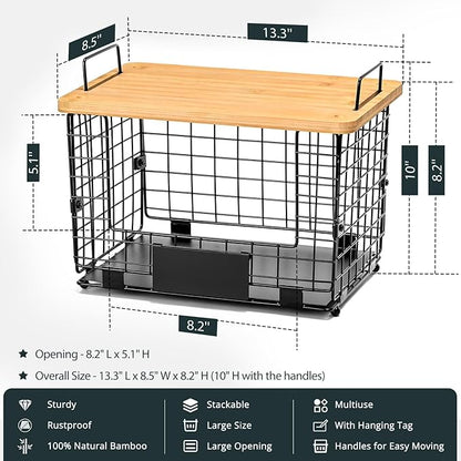 Upgrade Larger, Fit 13/30/33+ Gallon Trashbag Perfectly - 2 SET Stackable Trash Bag Holder with Tags & Bamboo Top, Garbage Bag Dispenser Stand, Kitchen Pantry Under Sink Laundry Room Organizer Basket