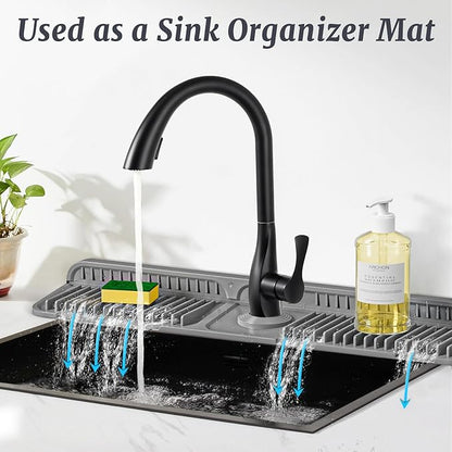 PoYang 24 inch Faucet Mat for Kitchen Sink Splash Guard, 7° Slope Silicone Sink Water Splash Guard for Kitchen Sink Area with Snap Button, Longer Sink Protectors for kitchen Sink Sponge Holder, Grey
