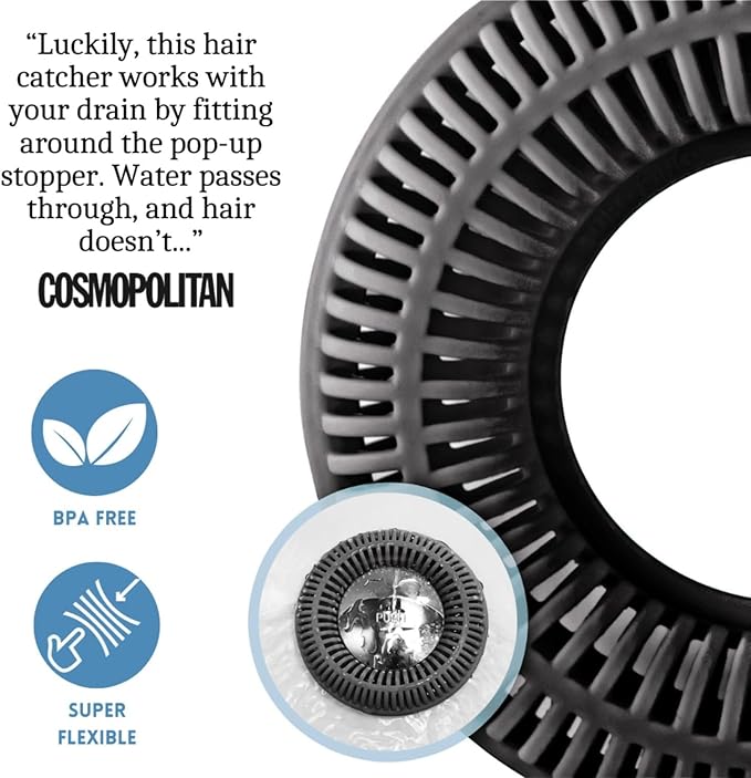 Hair Catcher for Shower Drain & Bathtub – TubRing Pop-Up Drain Protector & Strainer, Reusable Silicone Stopper for Bathroom Clog Prevention, Fits 1.85"–2.16" Drains | Charcoal Gray
