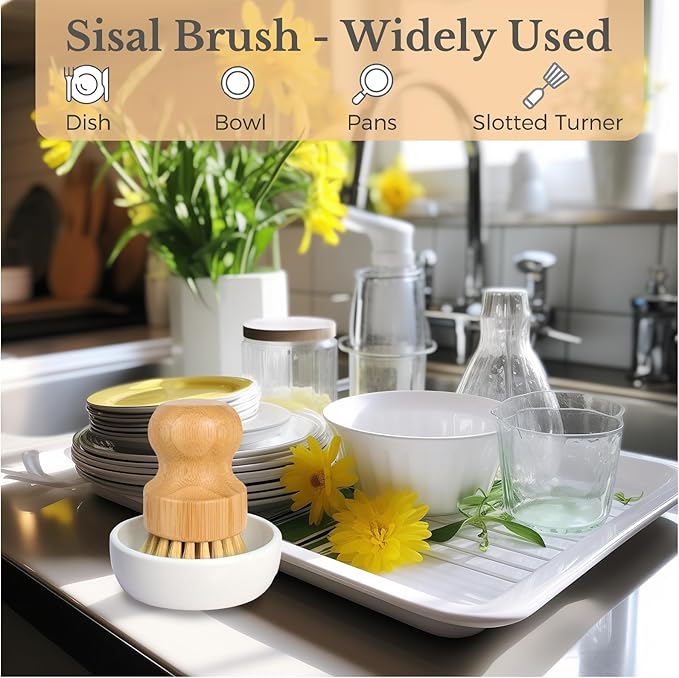 Bamboo Dish Scrub Brush for Kitchen Sink, Natural Wooden Washing Dish Brush Scrubber, Sisal Bristles Brush for Household Cleaning Cast Iron Brush Pots(Ceramic Dish+ 4P Sisal)