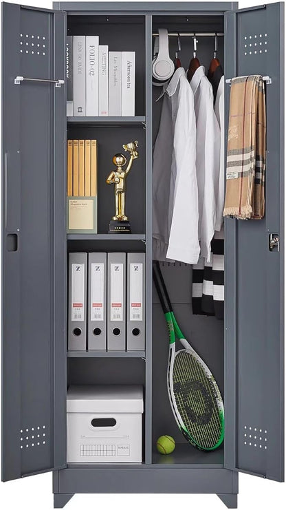 65" H Metal Broom Closet Storage Cabinet, Freestanding Garage Storage Cabinet with Hanging Rod and Locking Doors, Bathroom Storage Cabinet, Cleaning Tool Cabinet for Garage Patio Garden, Grey