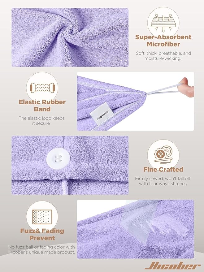 Hicober Microfiber Hair Towel, 2Packs Hair Turbans for Wet Hair, Drying Hair Wrap Towels for Curly Hair Women Anti Frizz (Purple,Grey)