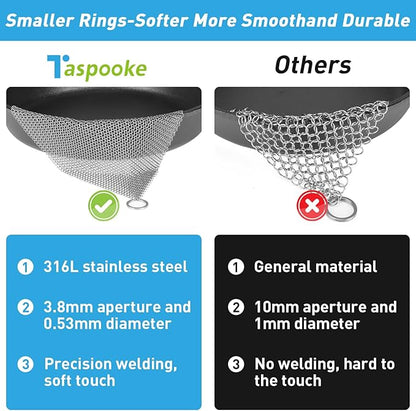 Cast Iron Cleaner and Chainmail Skillet Scrubber - 4''x4'' Upgraded 3.8mm Small Ring, 316L Stainless Steel Fine Rings - Durable Scraper for Skillets, Pans, Griddles & Containers