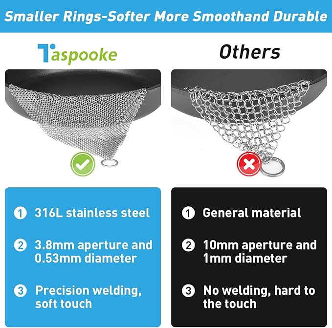 Cast Iron Cleaner and Chainmail Skillet Scrubber - Upgraded 3.8mm Small Ring, 316L Stainless Steel Fine Rings - Durable Scraper for Skillets, Pans, Griddles & Containers
