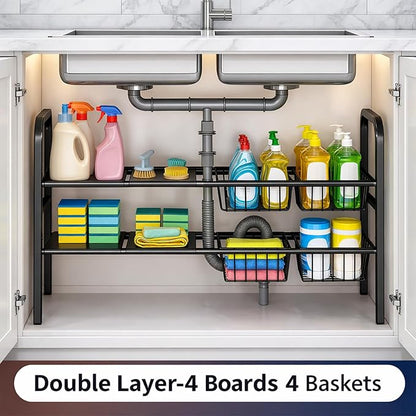 Expandable Under Sink Organizer 26.8 to 35.8 Inches Wide, 2 Tier Carbon Steel Storage Rack for Double Sink Cabinet, P-Trap and Garbage Disposal Friendly, No Tools Required (White)